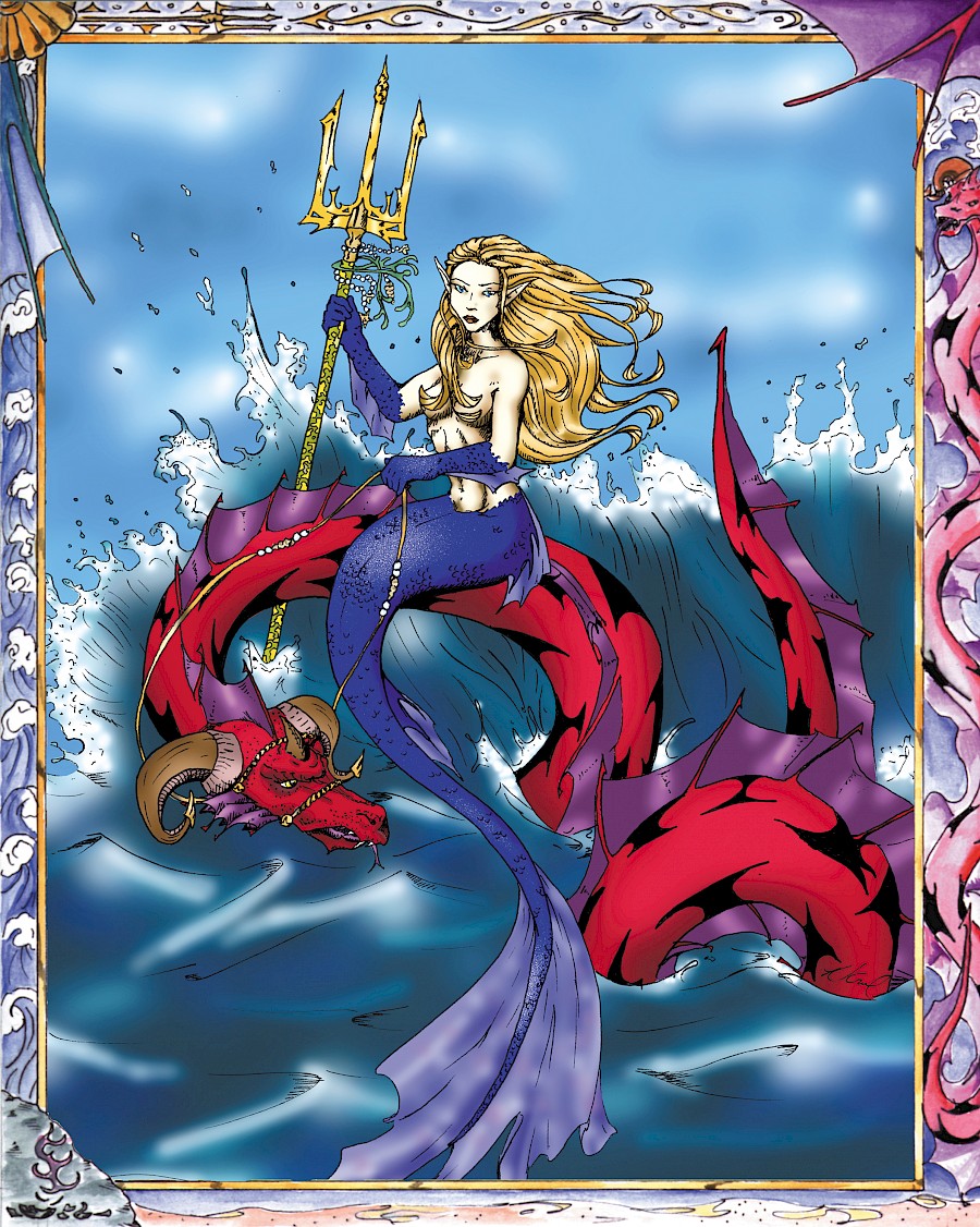 Blonde mermaid riding red sea dragon, carrying trident.