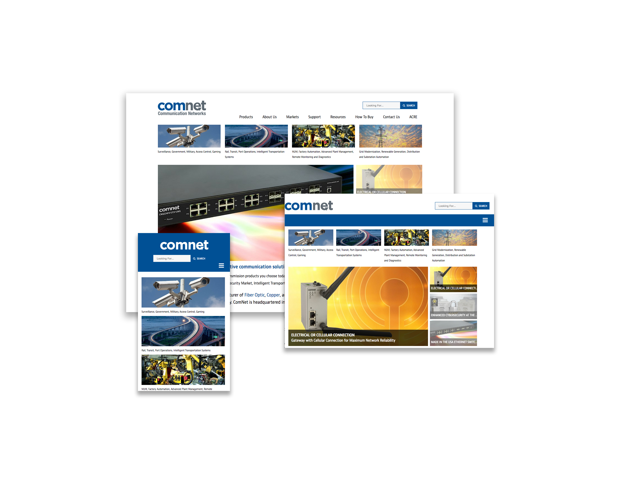 Montage of desktop, tablet, and mobile views of the ComNet website displaying feature spots, navigation, and branding.