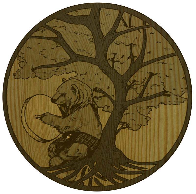Illustration of a bear seated beneath a tree, wearing a kilt and playing a bodhran