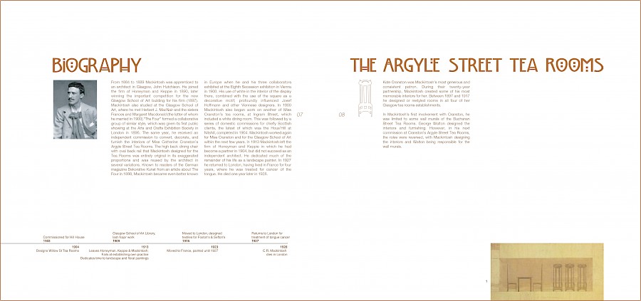 Spread with Biography on left page, Argyle Street Tea Rooms Section header on right page