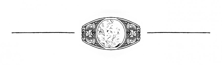 A heavy signet ring with worn inset stone and stamped ornamentation on the band, framed by single lines.