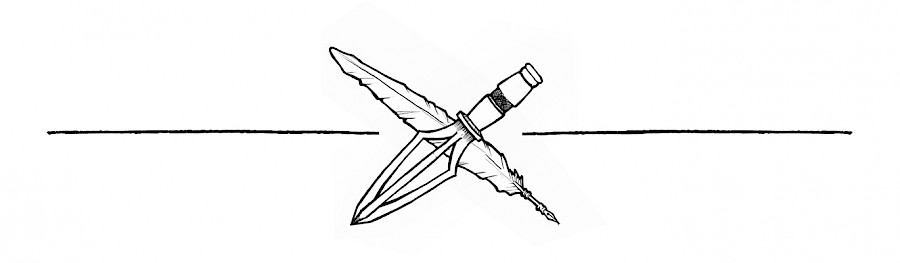 A tri-bladed dagger with hollow center (like a whisk) crossed diagonally over a feather quill, framed by single lines.