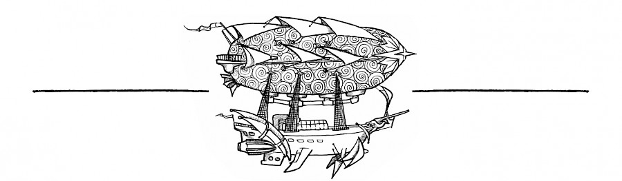 An airship with intricate rigging and a curl pattern across the balloon, framed by single lines.