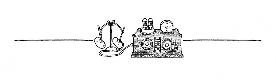 A very antique looking radio with headset on a stand, framed by single lines.